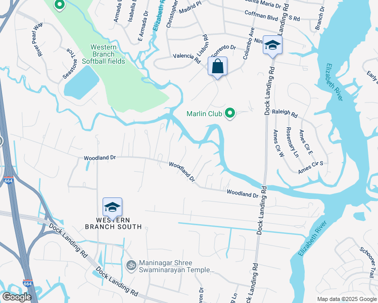 map of restaurants, bars, coffee shops, grocery stores, and more near 1817 Candy Lane in Chesapeake