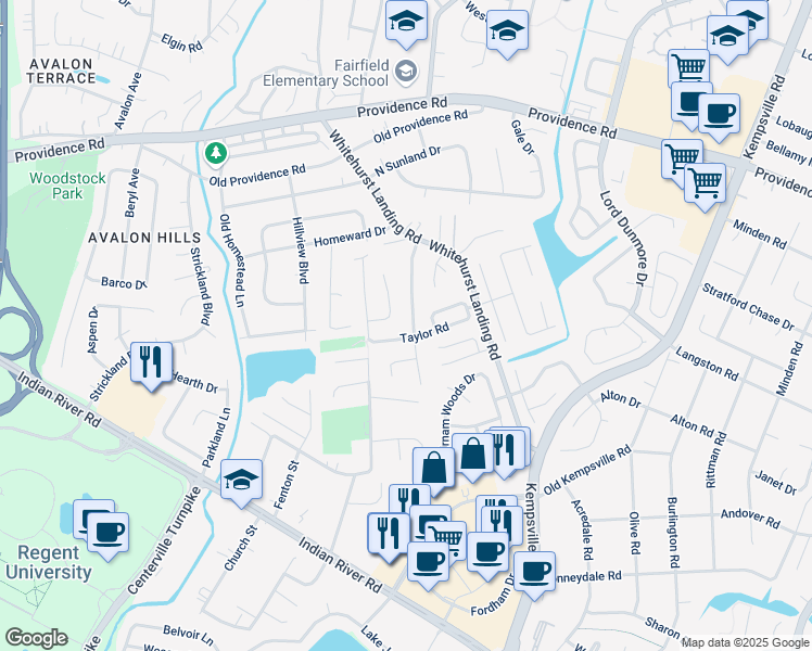 map of restaurants, bars, coffee shops, grocery stores, and more near 993 Thompson Way in Virginia Beach