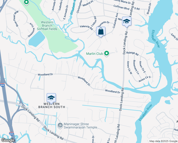 map of restaurants, bars, coffee shops, grocery stores, and more near 1817 Candy Lane in Chesapeake