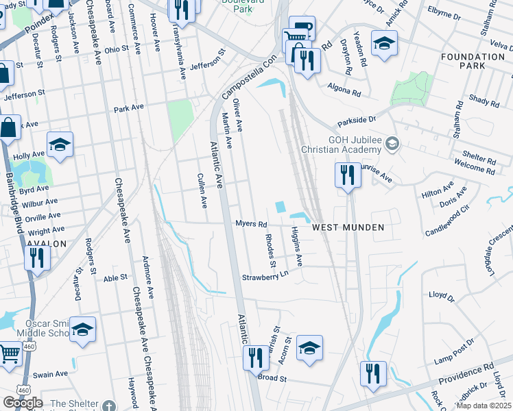 map of restaurants, bars, coffee shops, grocery stores, and more near 1901 Oliver Avenue in Chesapeake
