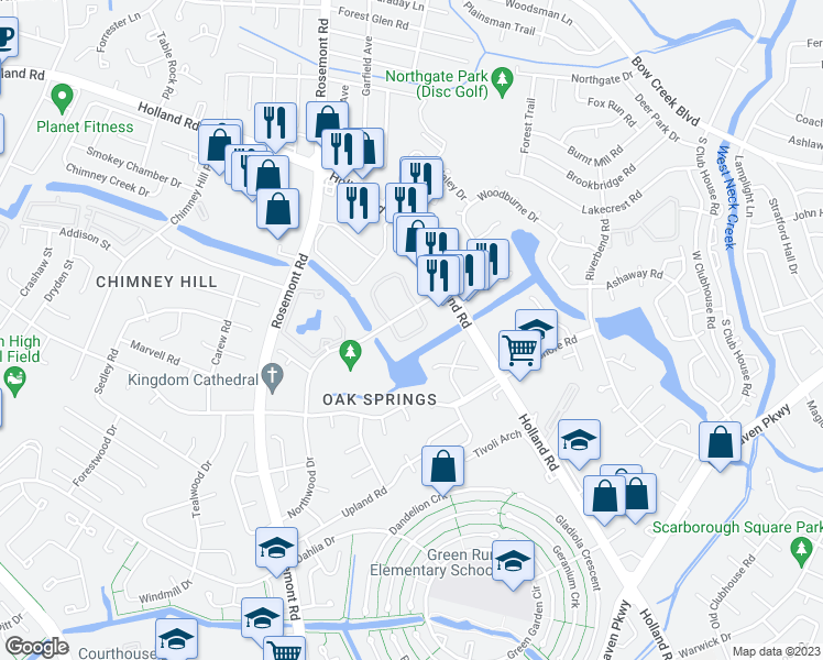 map of restaurants, bars, coffee shops, grocery stores, and more near 3441 Edenwood Circle in Virginia Beach