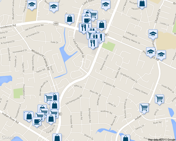 map of restaurants, bars, coffee shops, grocery stores, and more near 5460 Glenville Circle in Virginia Beach