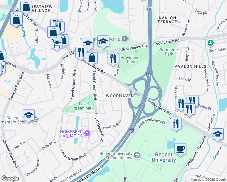 map of restaurants, bars, coffee shops, grocery stores, and more near 1020 Reon Drive in Virginia Beach