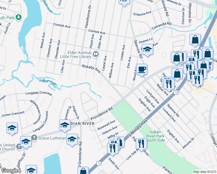 map of restaurants, bars, coffee shops, grocery stores, and more near 1608 Rokeby Avenue in Chesapeake