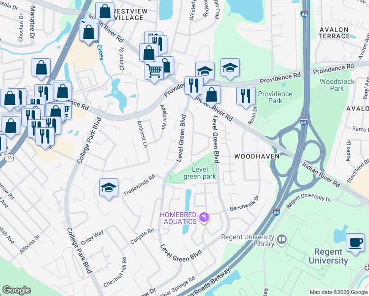 map of restaurants, bars, coffee shops, grocery stores, and more near 1009 Lockwood Court in Virginia Beach