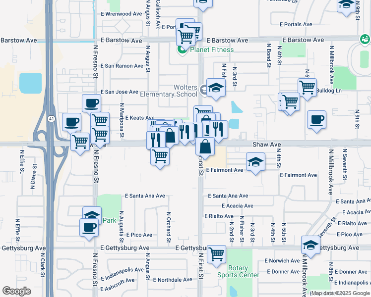 map of restaurants, bars, coffee shops, grocery stores, and more near 859 East Shaw Avenue in Fresno