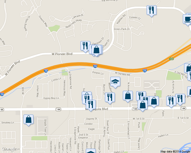 map of restaurants, bars, coffee shops, grocery stores, and more near 527 Paintbrush Way in Mesquite