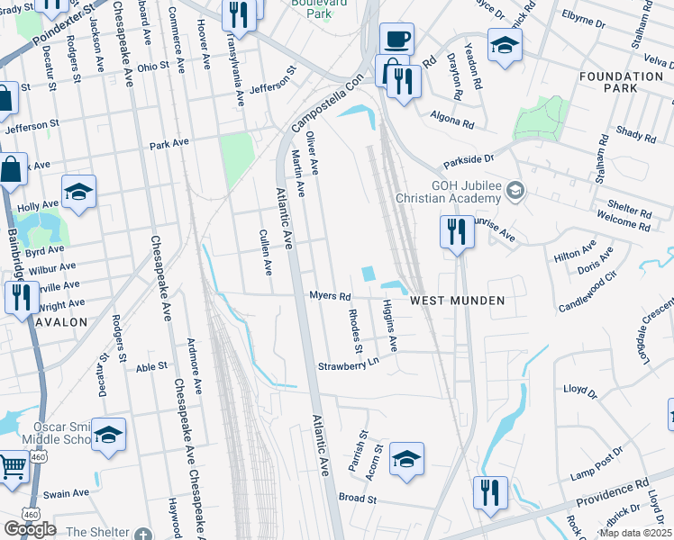 map of restaurants, bars, coffee shops, grocery stores, and more near 1901 Oliver Avenue in Chesapeake