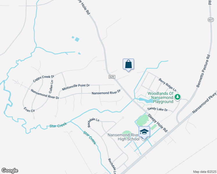 map of restaurants, bars, coffee shops, grocery stores, and more near 3306 Mintonville Point Drive in Suffolk