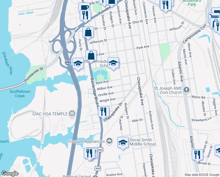 map of restaurants, bars, coffee shops, grocery stores, and more near 1103 Wilbur Avenue in Chesapeake