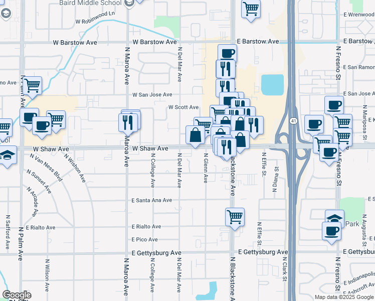 map of restaurants, bars, coffee shops, grocery stores, and more near in Fresno