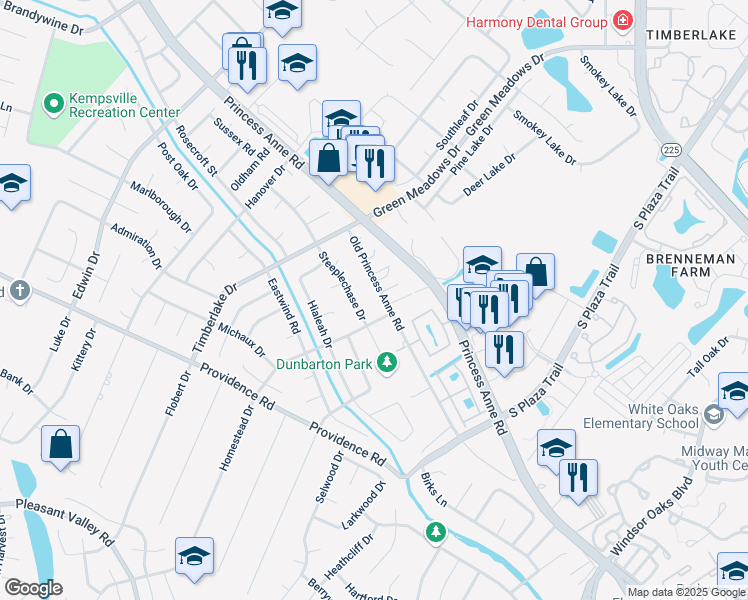 map of restaurants, bars, coffee shops, grocery stores, and more near 4609 Old Princess Anne Road in Virginia Beach