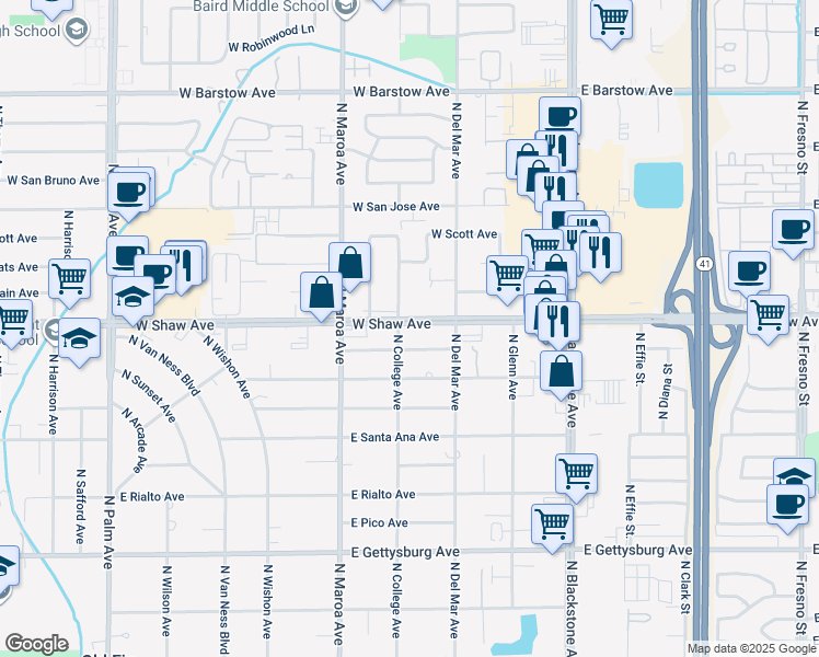 map of restaurants, bars, coffee shops, grocery stores, and more near 310 West Shaw Avenue in Fresno