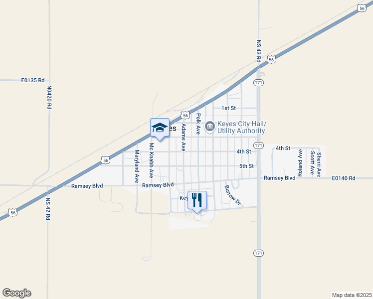 map of restaurants, bars, coffee shops, grocery stores, and more near 311 Adams Avenue in Keyes