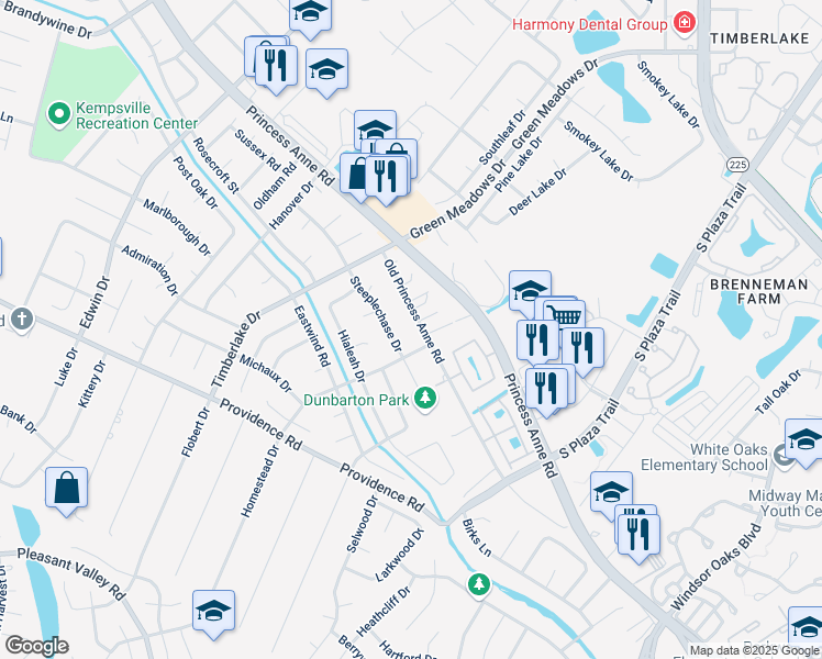 map of restaurants, bars, coffee shops, grocery stores, and more near 4609 Old Princess Anne Road in Virginia Beach