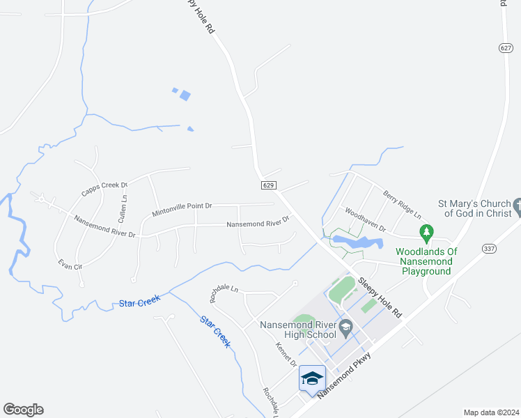 map of restaurants, bars, coffee shops, grocery stores, and more near 3306 Mintonville Point Drive in Suffolk