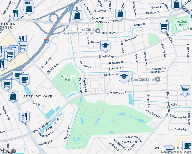 map of restaurants, bars, coffee shops, grocery stores, and more near 329 Goldenstar Lane in Portsmouth