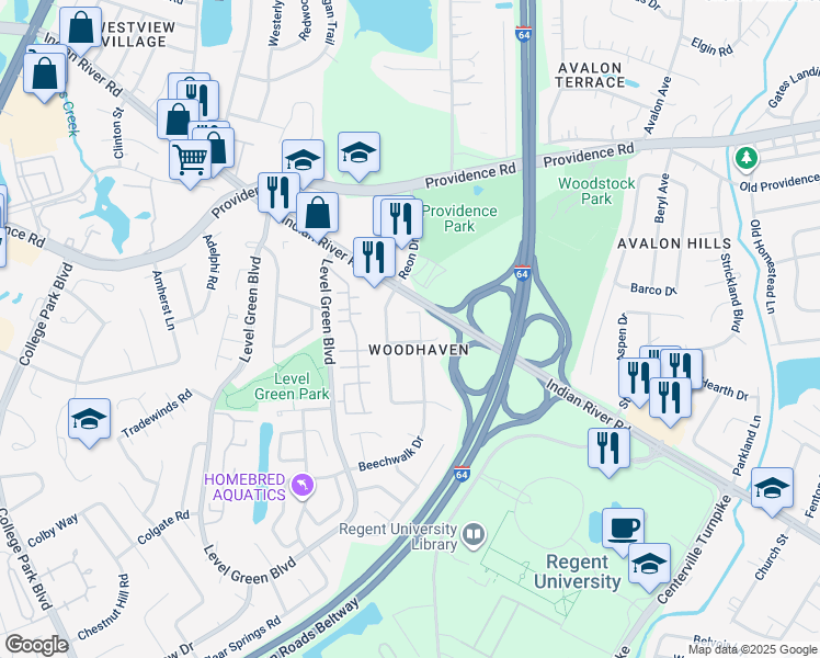 map of restaurants, bars, coffee shops, grocery stores, and more near 5792 Beechwalk Drive in Virginia Beach