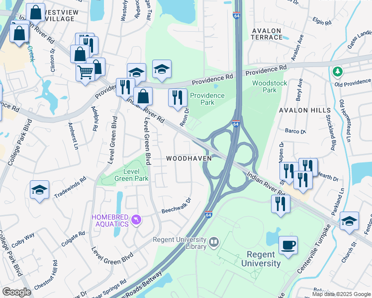 map of restaurants, bars, coffee shops, grocery stores, and more near 5792 Beechwalk Drive in Virginia Beach