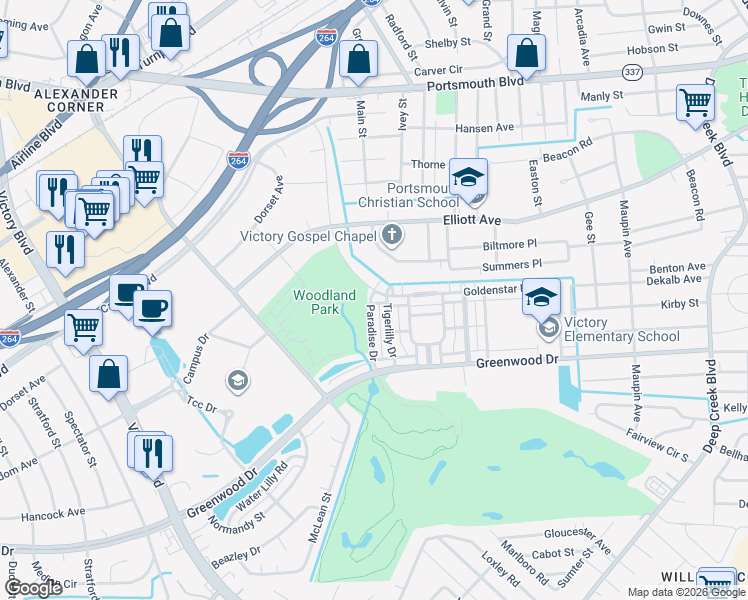 map of restaurants, bars, coffee shops, grocery stores, and more near 282 Paradise Drive in Portsmouth