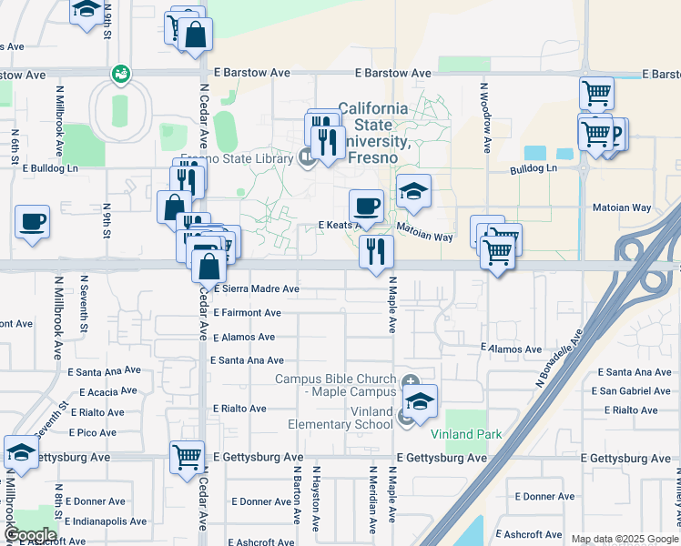 map of restaurants, bars, coffee shops, grocery stores, and more near 2297 East Shaw Avenue in Fresno