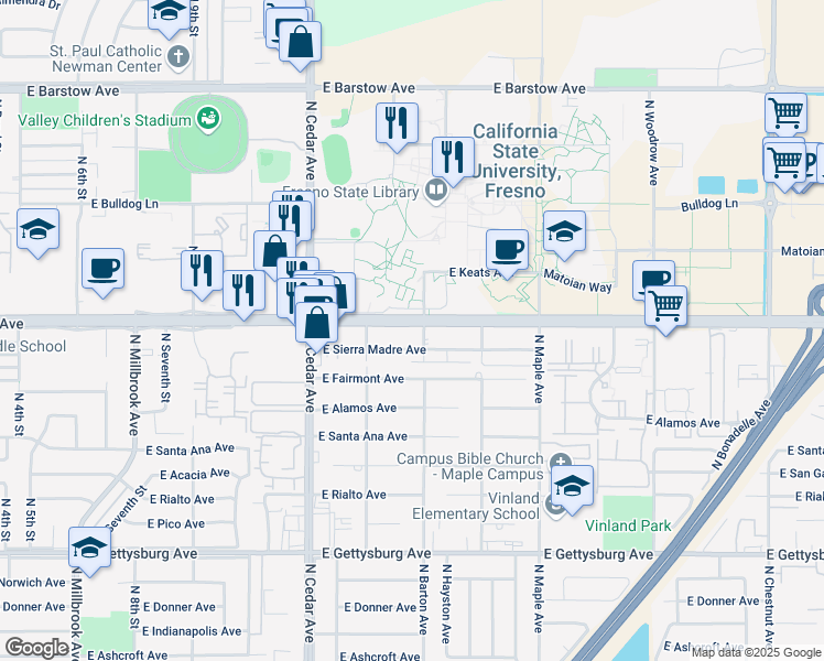 map of restaurants, bars, coffee shops, grocery stores, and more near in Fresno