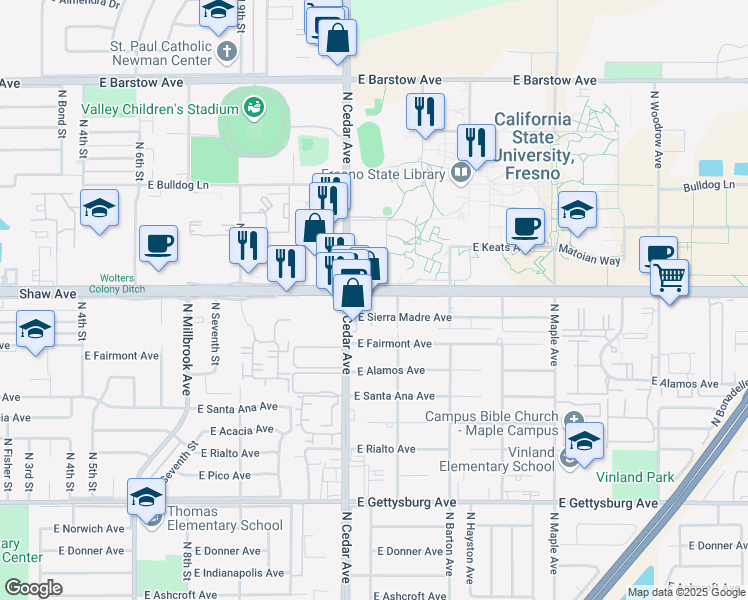 map of restaurants, bars, coffee shops, grocery stores, and more near 2067 Shaw Avenue in Fresno