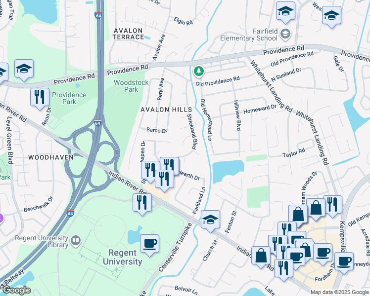 map of restaurants, bars, coffee shops, grocery stores, and more near 5650 Chestnut Court in Virginia Beach