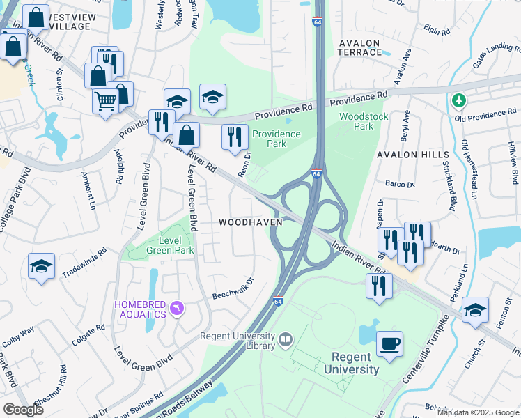 map of restaurants, bars, coffee shops, grocery stores, and more near 5861 Indian River Road in Virginia Beach