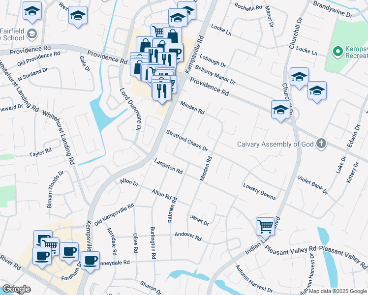 map of restaurants, bars, coffee shops, grocery stores, and more near 1037 Avon Landing in Virginia Beach