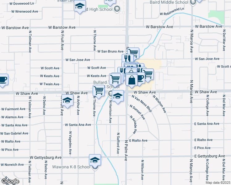 map of restaurants, bars, coffee shops, grocery stores, and more near 1054 West Shaw Avenue in Fresno