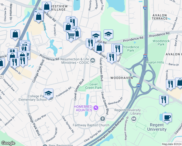 map of restaurants, bars, coffee shops, grocery stores, and more near 1064 Commonwealth Place in Virginia Beach