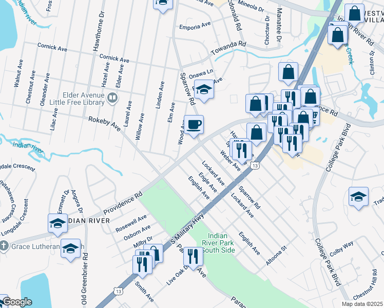 map of restaurants, bars, coffee shops, grocery stores, and more near 1701 Lockard Avenue in Chesapeake