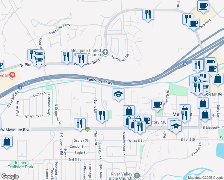 map of restaurants, bars, coffee shops, grocery stores, and more near 415 West Old Mill Road in Mesquite