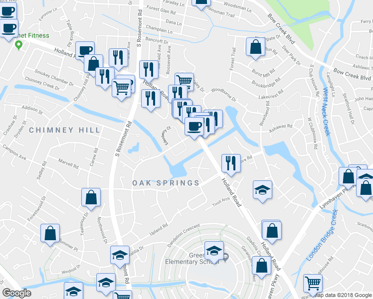 map of restaurants, bars, coffee shops, grocery stores, and more near 3540 Edenwood Circle in Virginia Beach