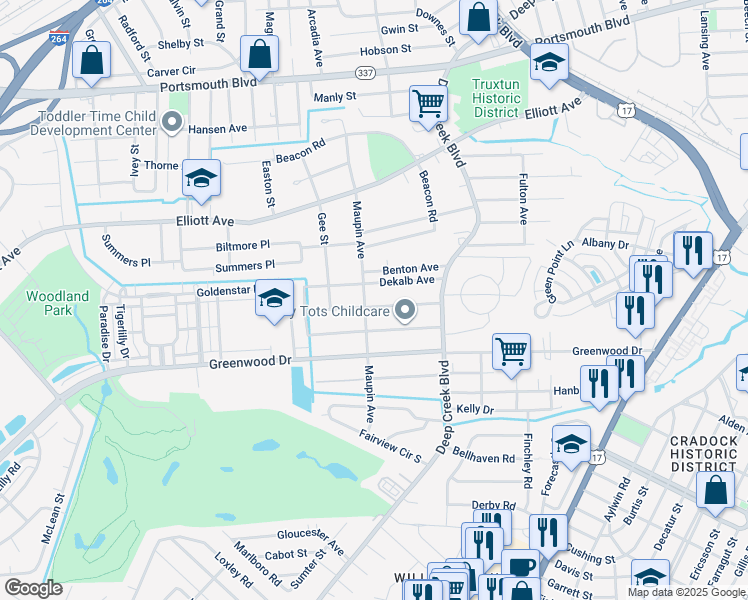 map of restaurants, bars, coffee shops, grocery stores, and more near 36 Kirby St in Portsmouth