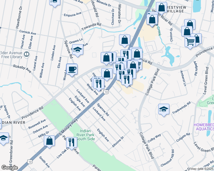 map of restaurants, bars, coffee shops, grocery stores, and more near 1109 South Military Highway in Chesapeake