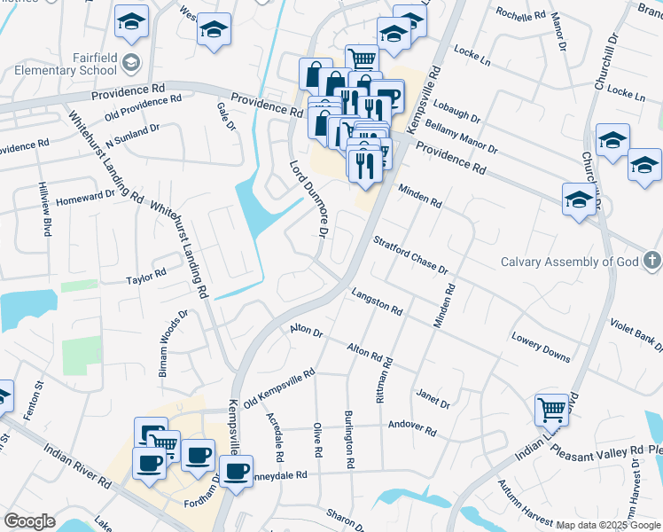 map of restaurants, bars, coffee shops, grocery stores, and more near 5436 Glenville Circle in Virginia Beach