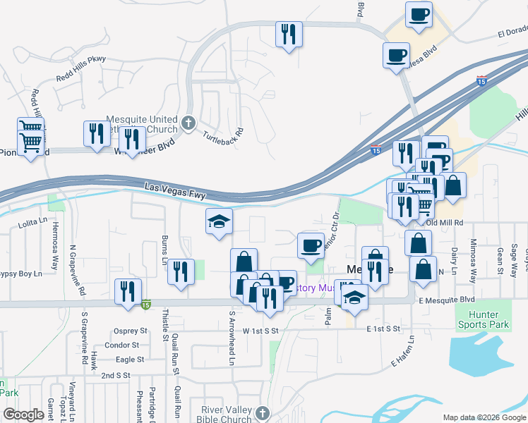 map of restaurants, bars, coffee shops, grocery stores, and more near 341 North Camellia Court in Mesquite