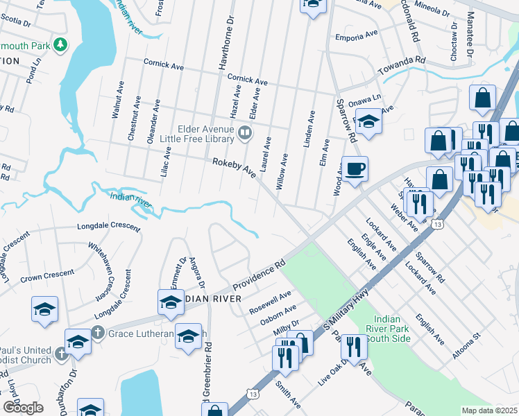 map of restaurants, bars, coffee shops, grocery stores, and more near 1640 Laurel Avenue in Chesapeake