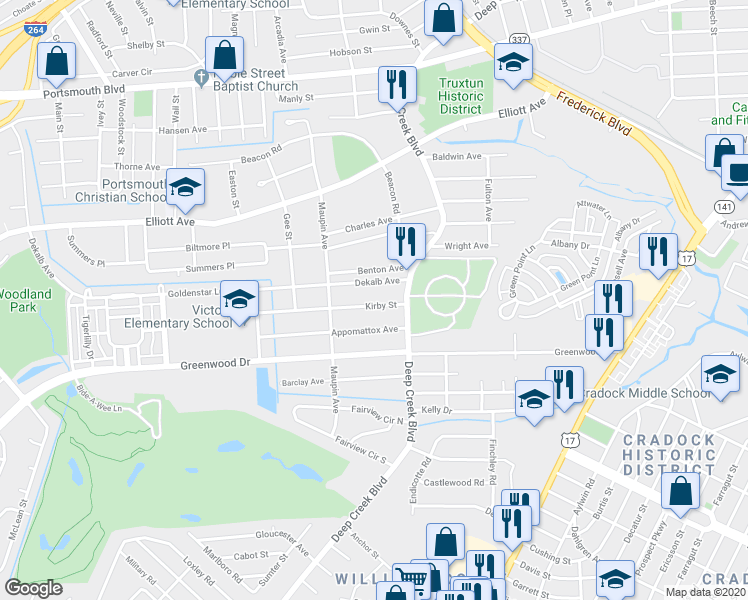 map of restaurants, bars, coffee shops, grocery stores, and more near 16 Kirby Street in Portsmouth