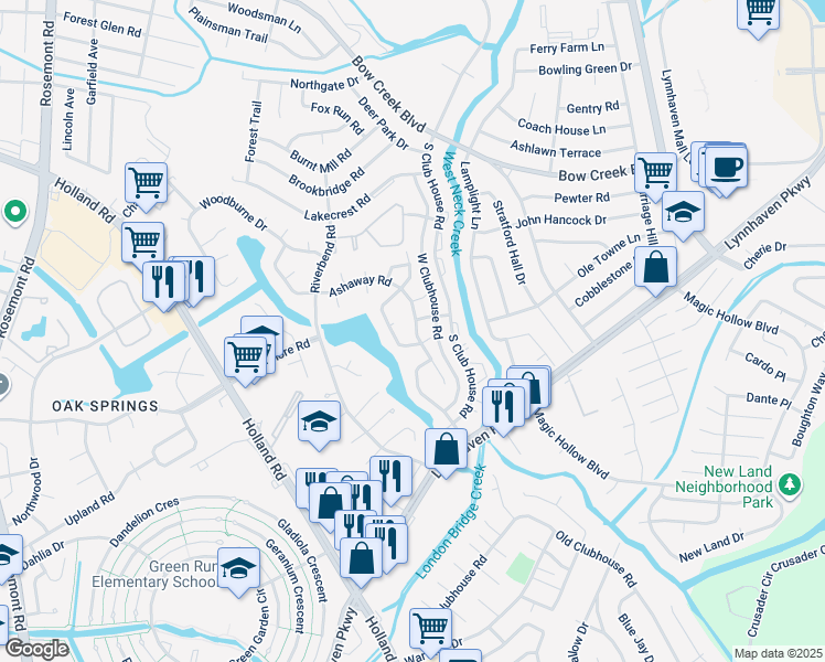 map of restaurants, bars, coffee shops, grocery stores, and more near 3149 Ashaway Road in Virginia Beach