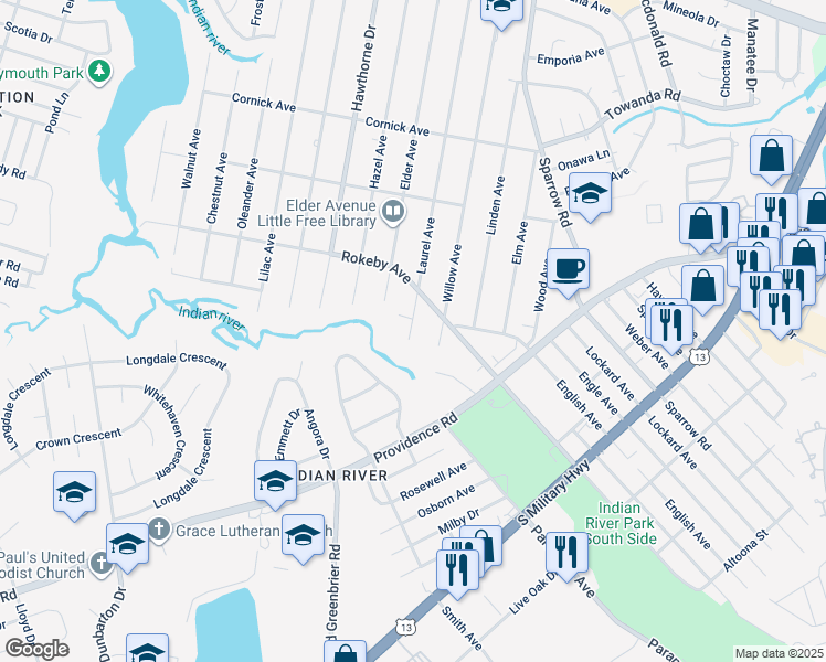 map of restaurants, bars, coffee shops, grocery stores, and more near 1640 Laurel Avenue in Chesapeake