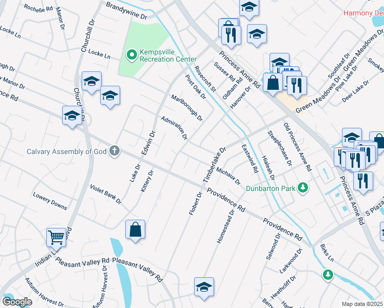map of restaurants, bars, coffee shops, grocery stores, and more near 4832 Michaux Drive in Virginia Beach