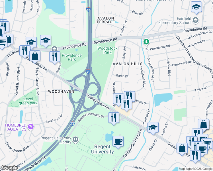 map of restaurants, bars, coffee shops, grocery stores, and more near 1021 Josephine Crescent in Virginia Beach