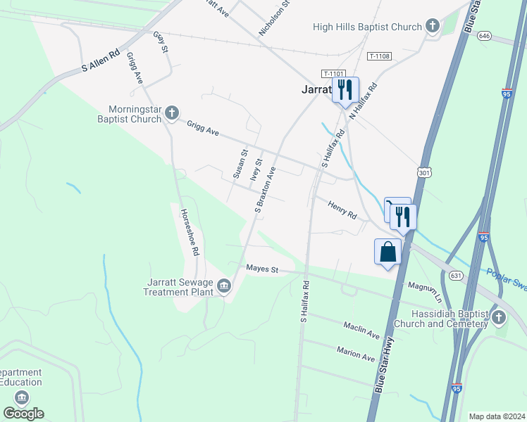 map of restaurants, bars, coffee shops, grocery stores, and more near 408 South Braxton Avenue in Jarratt