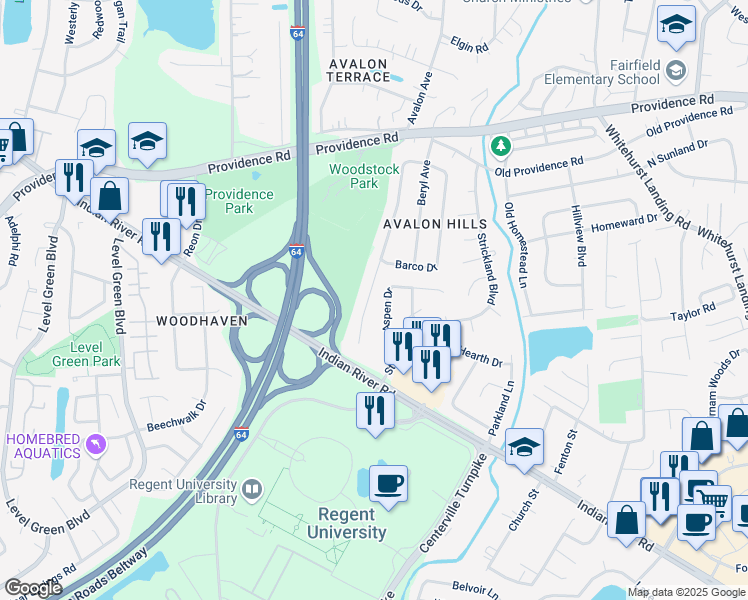 map of restaurants, bars, coffee shops, grocery stores, and more near 944 Aspen Drive in Virginia Beach