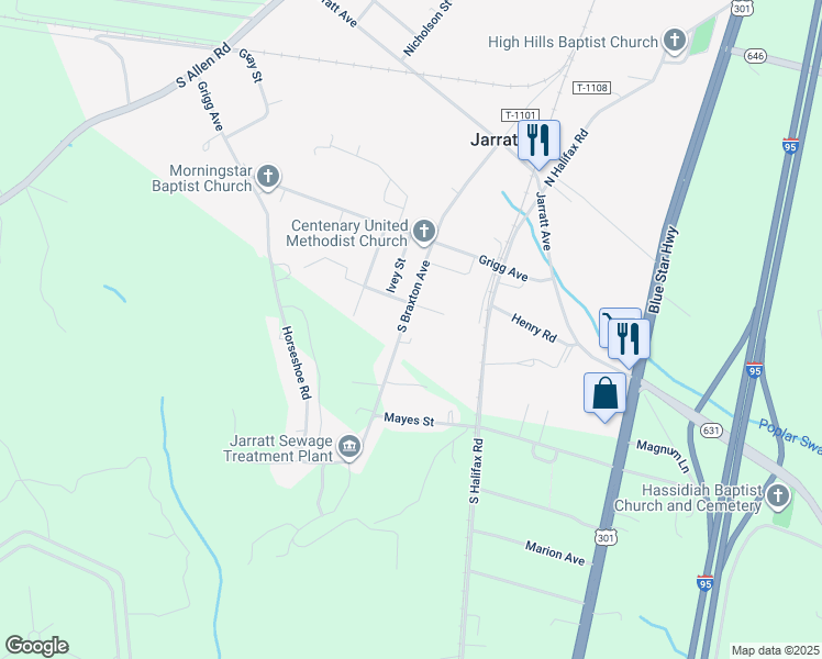 map of restaurants, bars, coffee shops, grocery stores, and more near 408 South Braxton Avenue in Jarratt