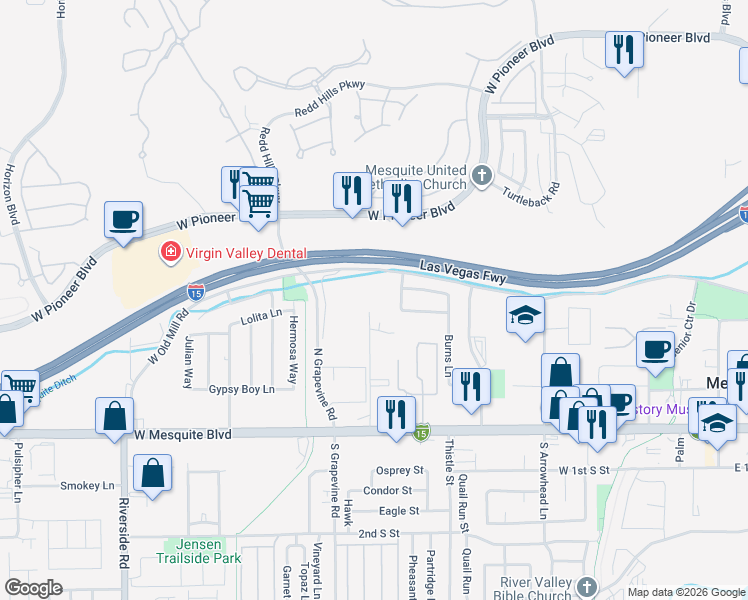 map of restaurants, bars, coffee shops, grocery stores, and more near 311 Sun Valley Drive in Mesquite
