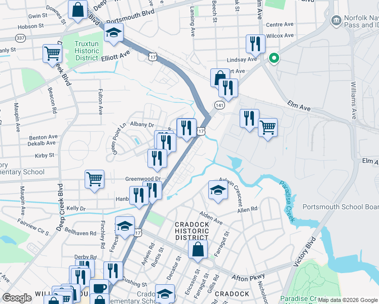 map of restaurants, bars, coffee shops, grocery stores, and more near 3813 George Washington Highway in Portsmouth